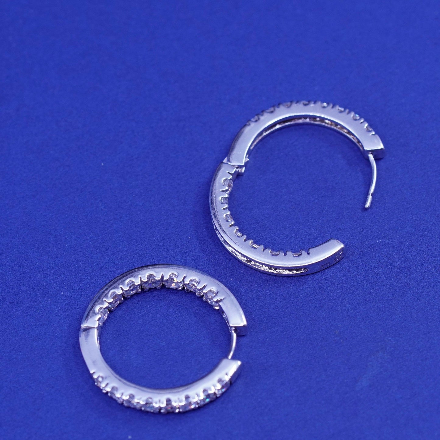 1”, Vintage Sterling silver earrings, 925 hoops, huggie with CZ inlay