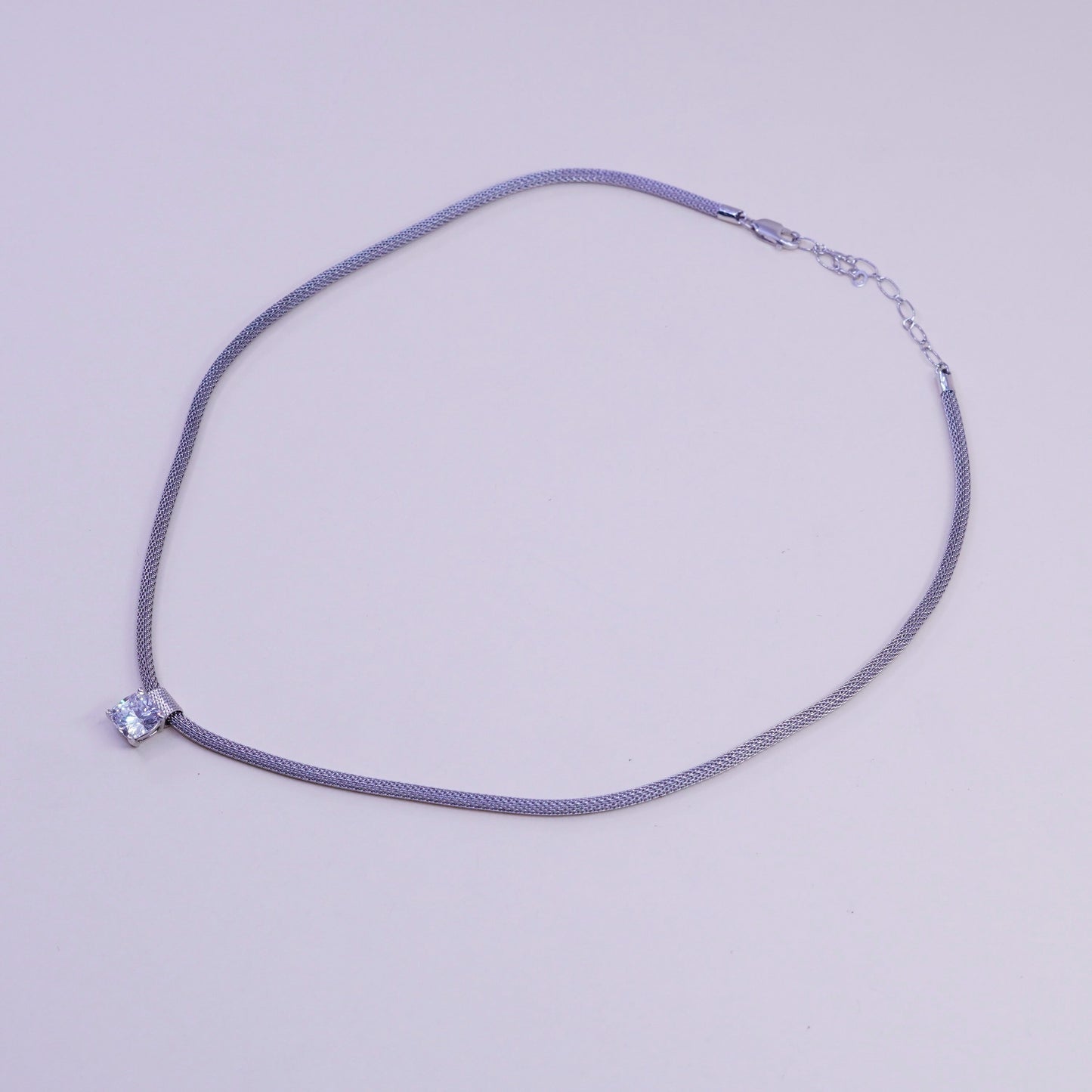16”, vintage Italy Sterling silver necklace, 925 mesh chain with cz pendant