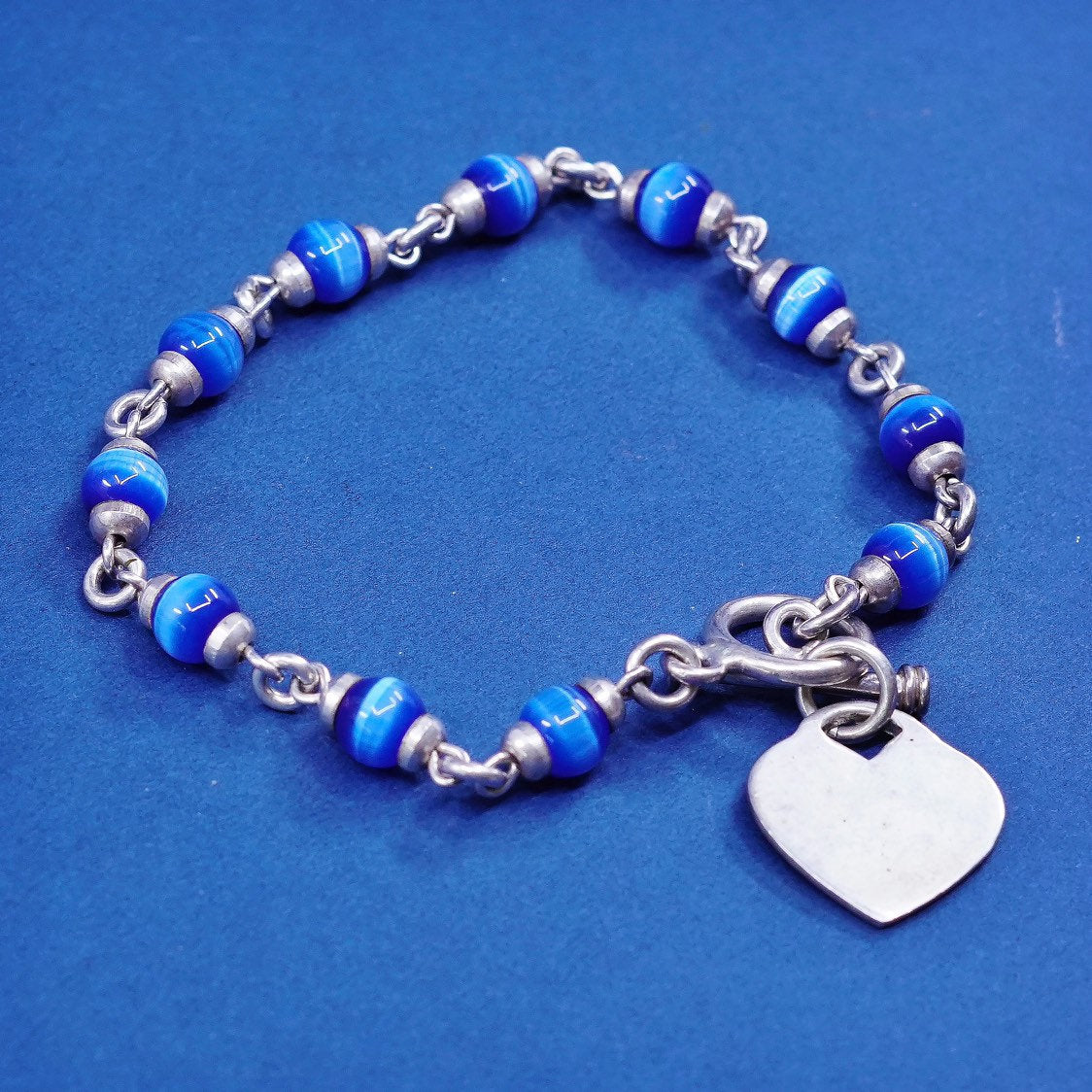 6.5", Sterling silver handmade bracelet, mexico 925 w/ blue tiger eye N heart
