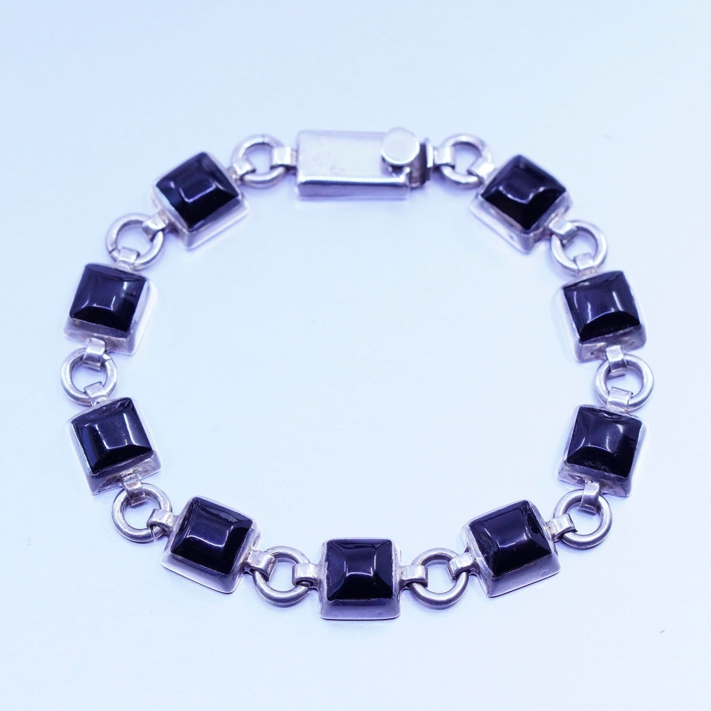 7.5”, vintage Sterling 925 silver handmade bold bracelet with obsidian beads