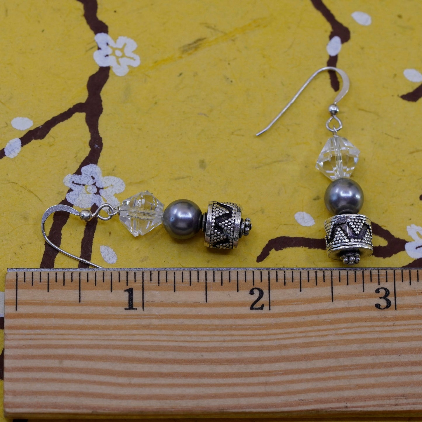 Vintage sterling silver handmade earrings, 925 Bali beads with pearl crystal
