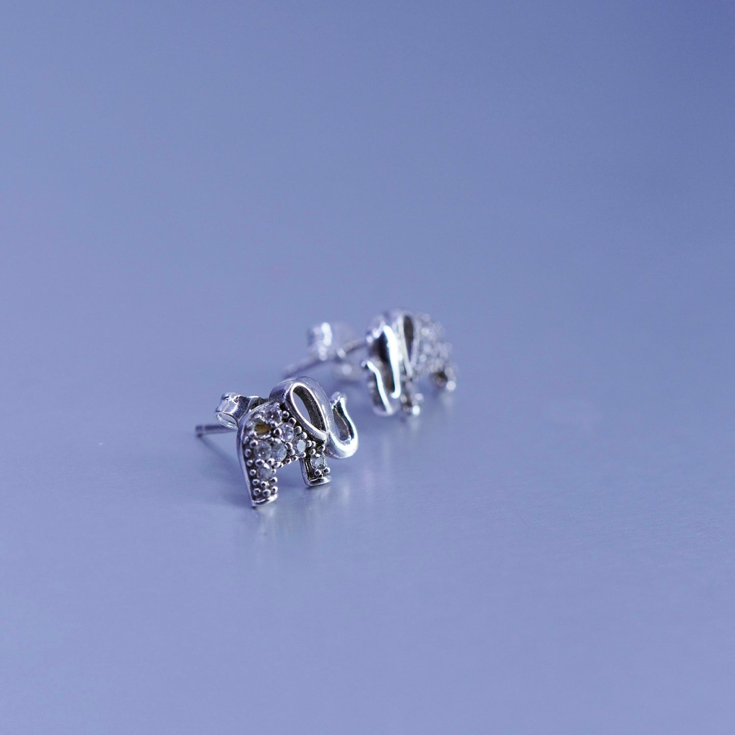 Vintage Sterling 925 silver handmade elephant earrings, studs with cz
