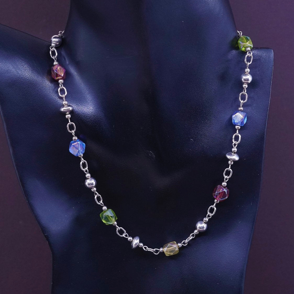 16", Sterling silver necklace 925 circle chain w/ crystal beads Toggle Closure