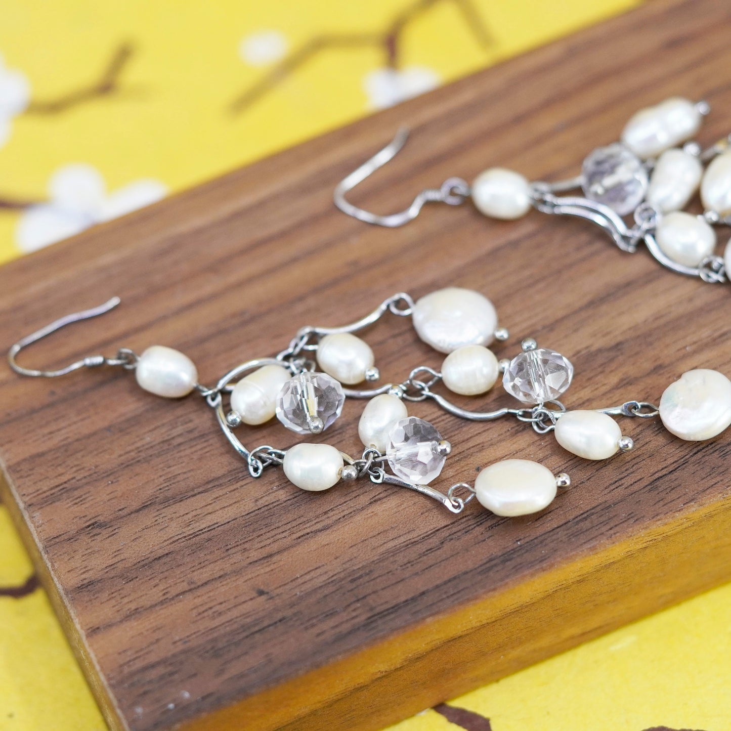 Vintage Sterling silver handmade earrings, 925 with cluster pearl drops