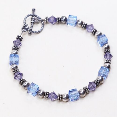 6.75”, Vtg Sterling Silver Handmade Bracelet, 925 Beads W/ Blue Glass Beads