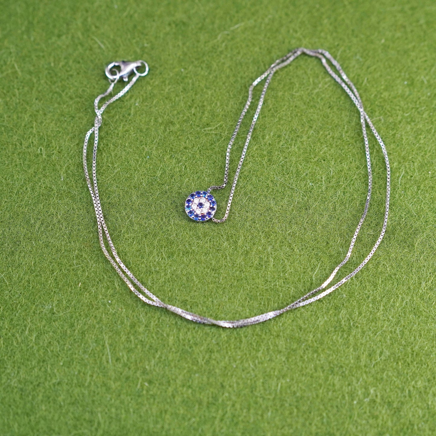 18”, Vintage Sterling silver handmade necklace, 925 box chain sapphire pendant