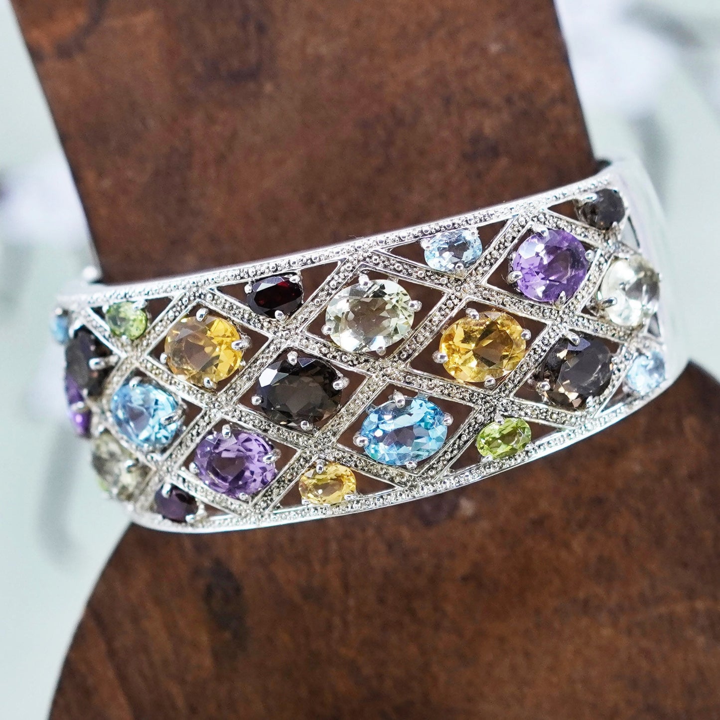 6.5”, vermeil gold Sterling silver bracelet, 925 filigree hinged cuff peridot