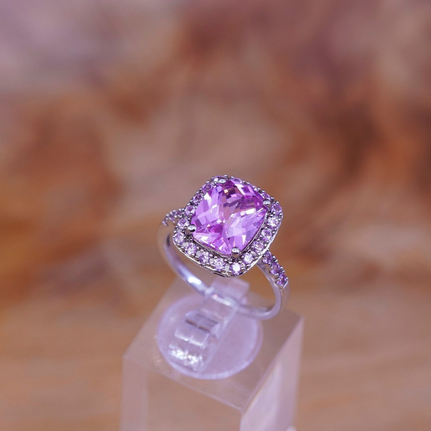 Size 8.5, vintage Sterling 925 silver handmade cocktail ring with pink crystal