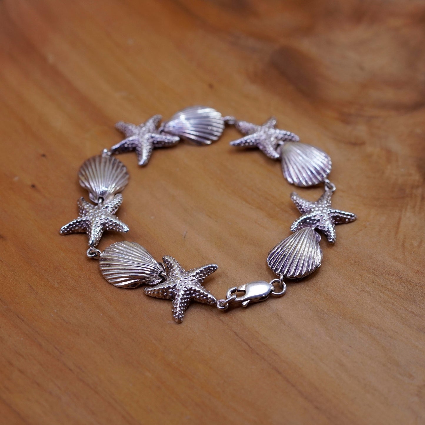 6.75”, vintage Sterling silver handmade bracelet, 925 shell, starfish chain