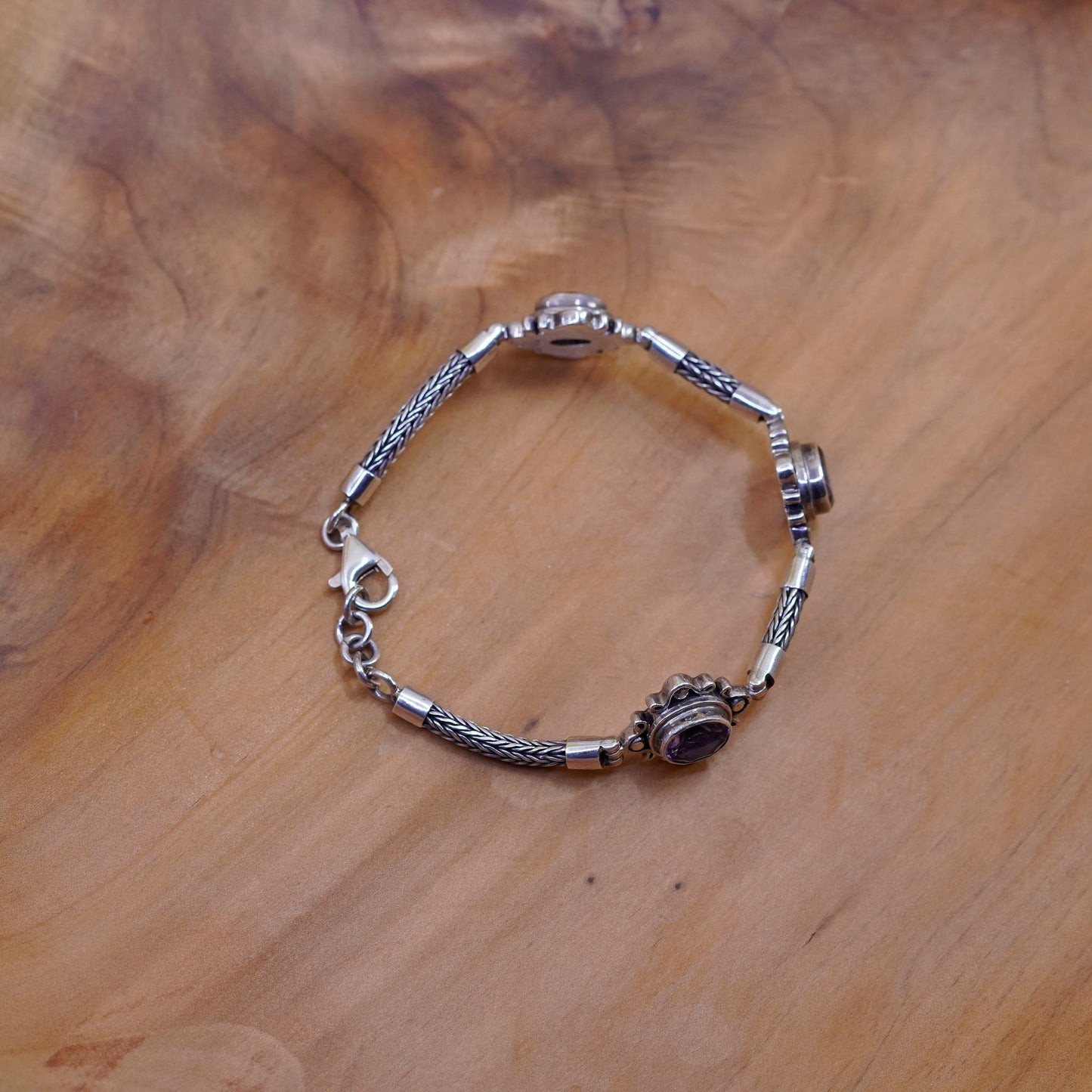 7.25”, Sterling silver handmade bracelet, bold 925 wheat chain amethyst