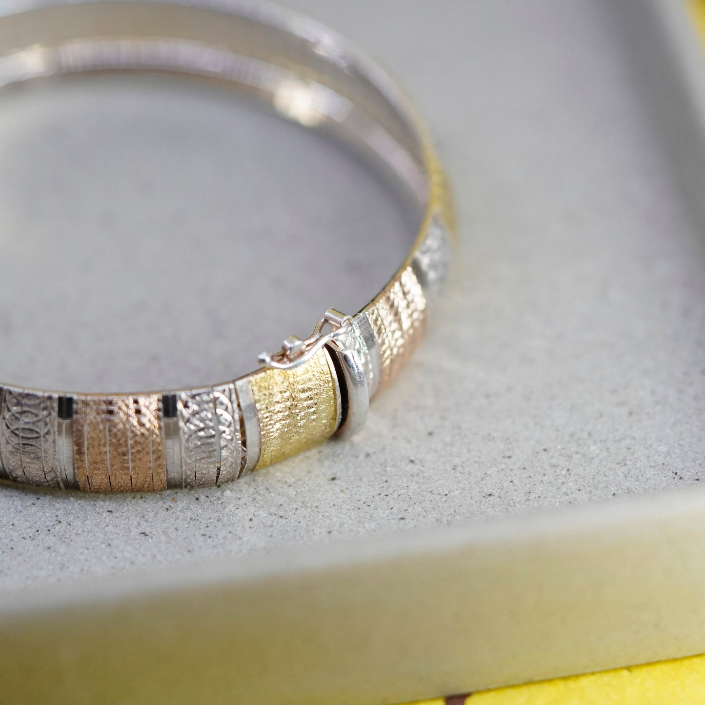 7.25” 12mm, vintage Italy Sterling silver bracelet, triple tone 925 omega chain