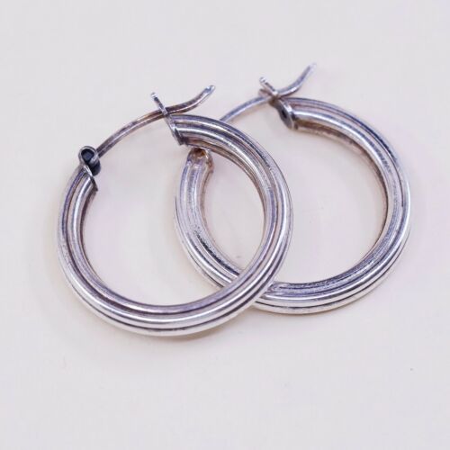 0.75”, Vtg Sterling Silver Handmade Hoops, 925 Ribbed elegant earrings, Huggie