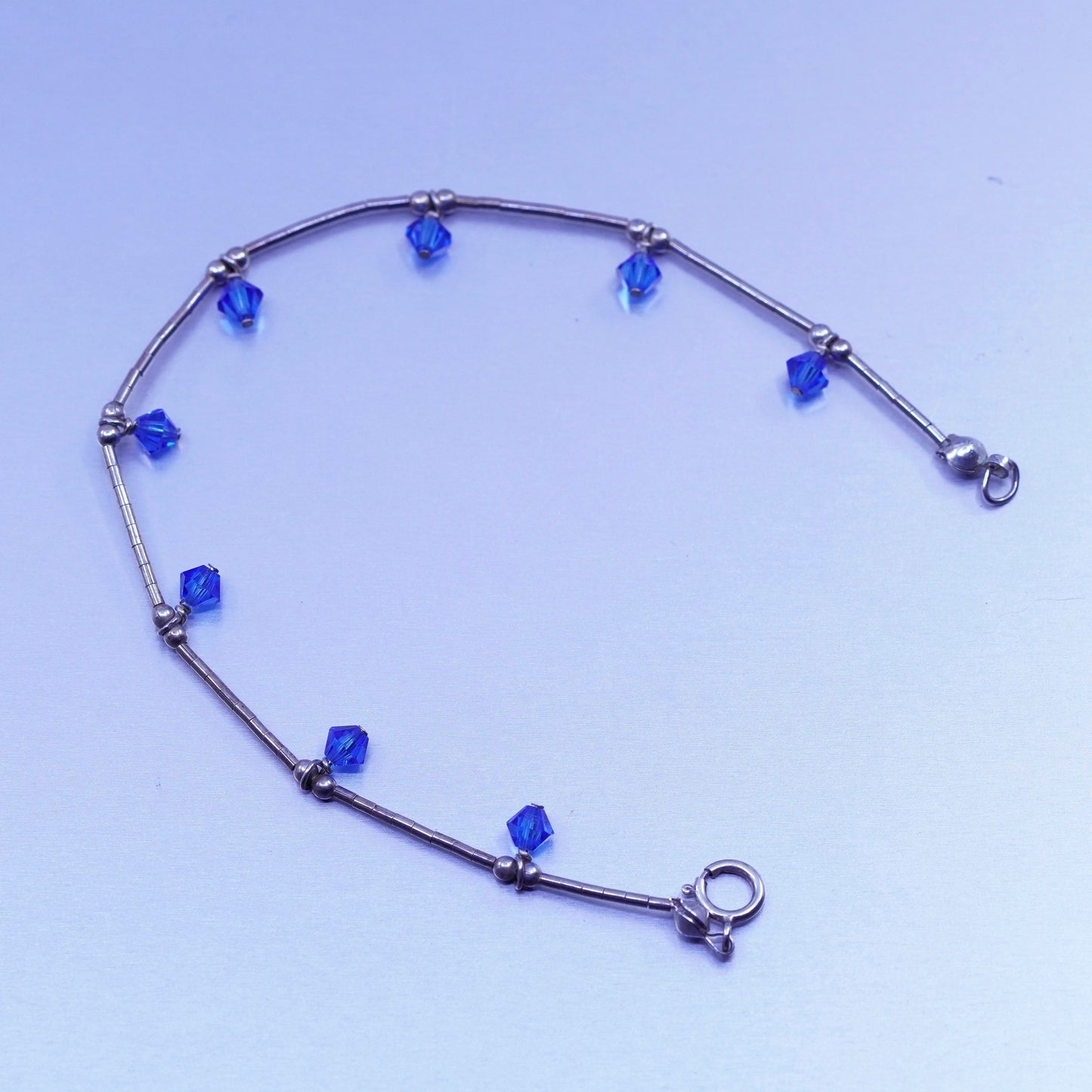7”, Sterling 925 silver handmade bracelet, liquid chain w/ blue crystal charms