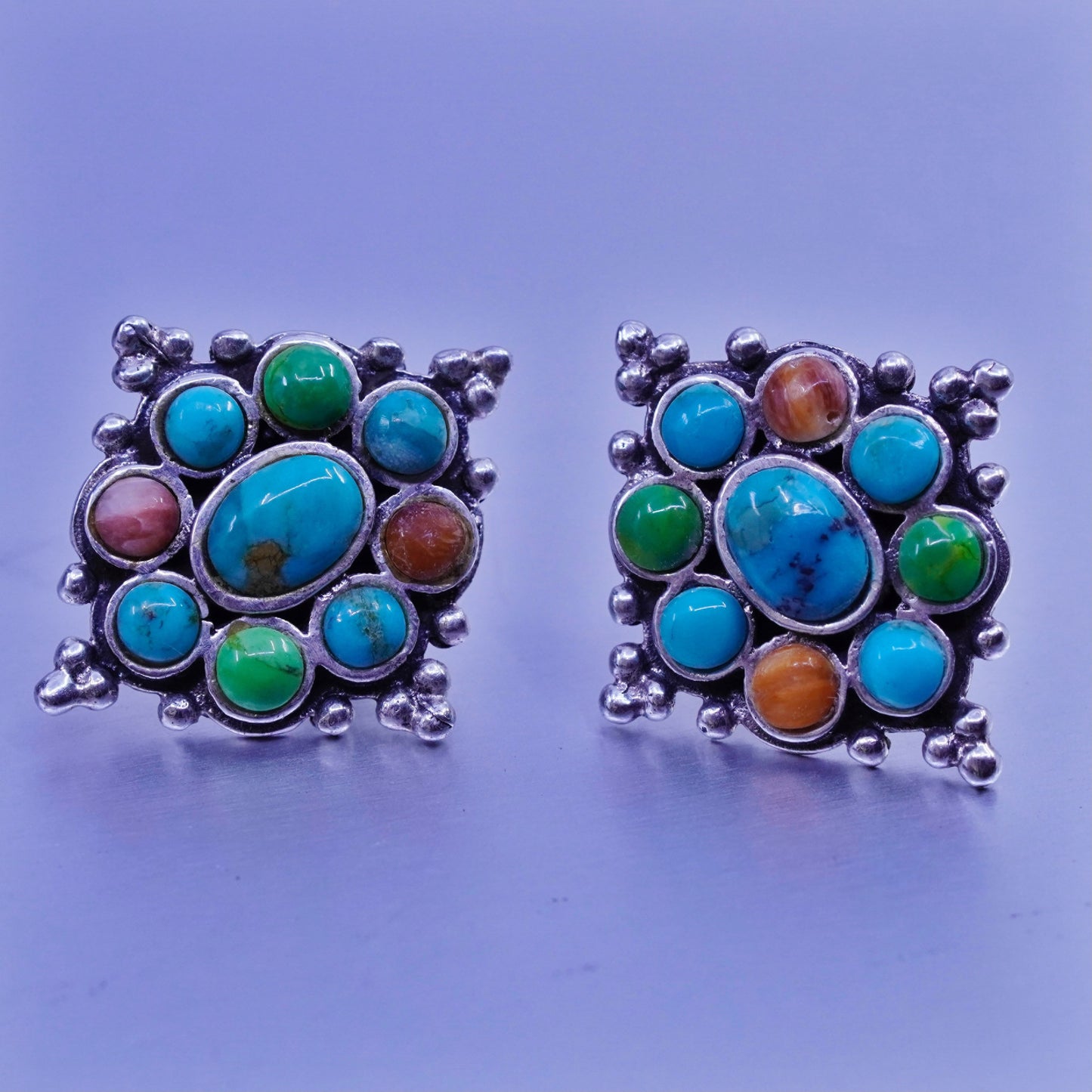 vtg Native American navajo Sterling 925 silver earrings, studs turquoise coral