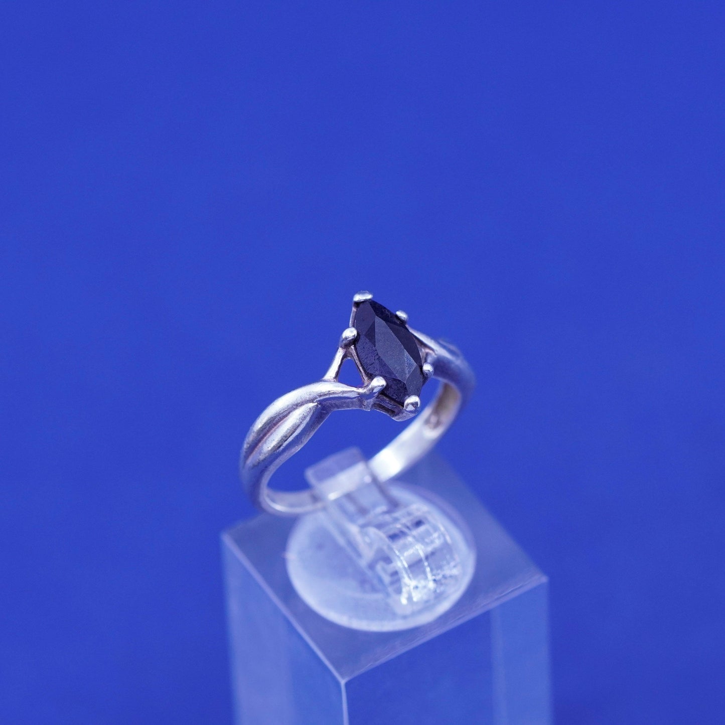 Size 6.75, vintage Sterling 925 silver handmade ring with marquise obsidian