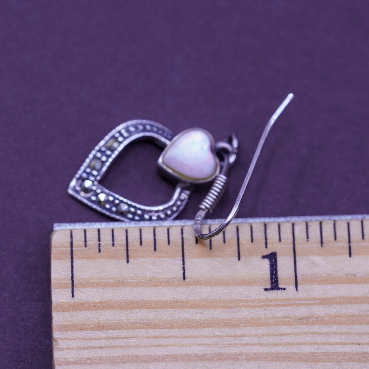 Sterling 925 silver handmade earrings with heart mother of pearl Marcasite
