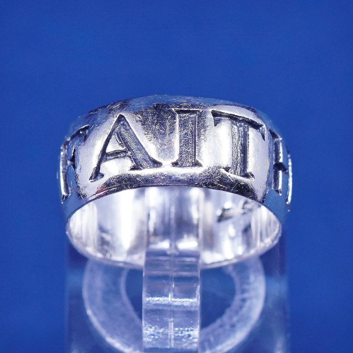 sz 6.75, vtg CF sterling silver handmade ring, 925 band w/ faith embossed