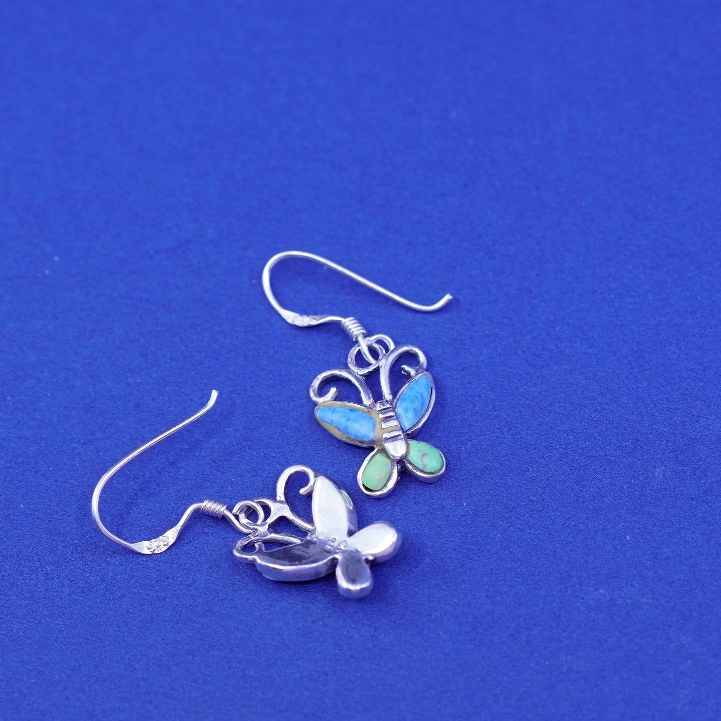 Vintage Sterling silver handmade dangles, 925 butterfly earrings with turquoise