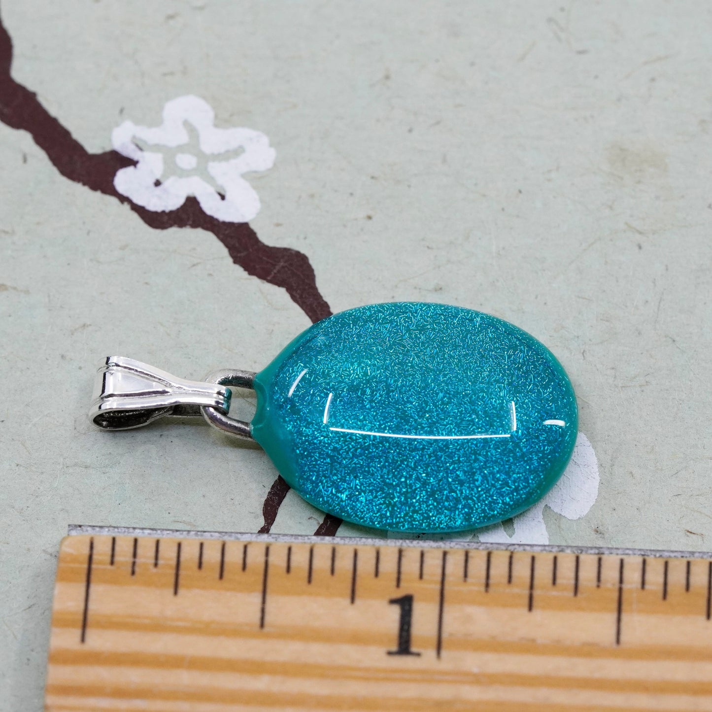 Vintage sterling silver with artisan glass pendant, oval teal dichroic glass