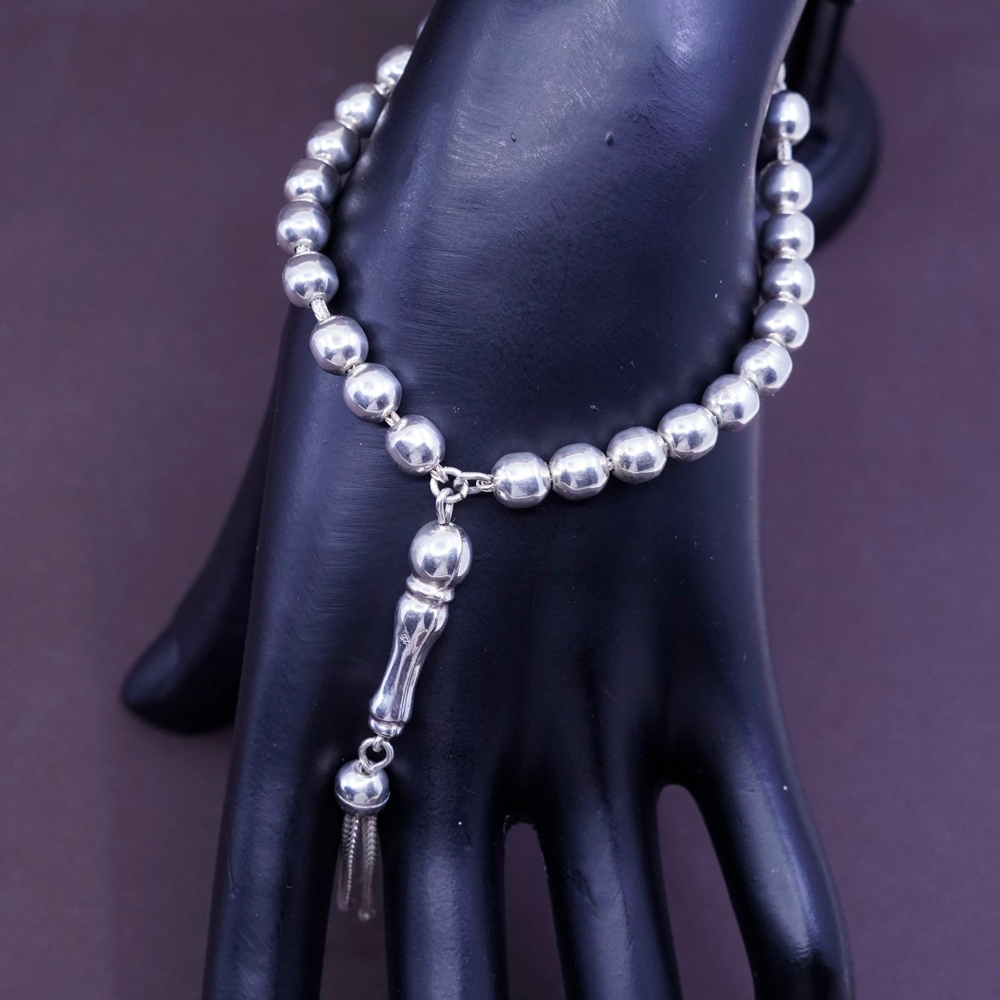 9”, 6mm, Sterling 925 silver handmade beads rosary prayer bracelet w/ fringe