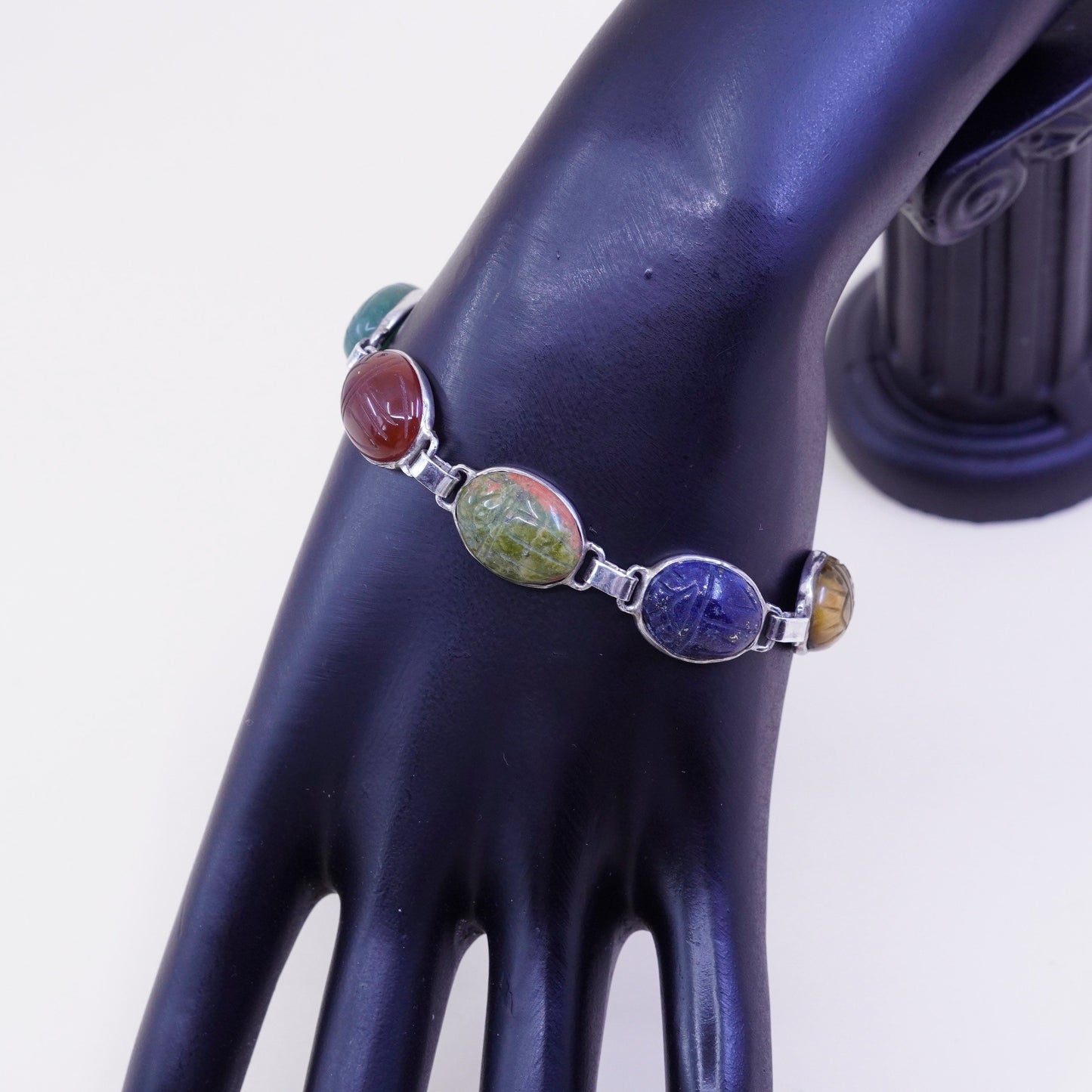 7”, GM sterling 925 silver bracelet, golden tiger eye jasper jade lapis onyx