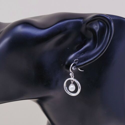 Vtg Modern, Elegant STERLING 925 SILVER Circle earrings with pearl Dangles