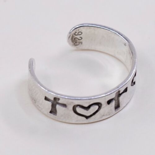 Sz 3.75, Vtg Sterling Silver Handmade Ring, 925 Silver Pinky Band W/ Heart Cross