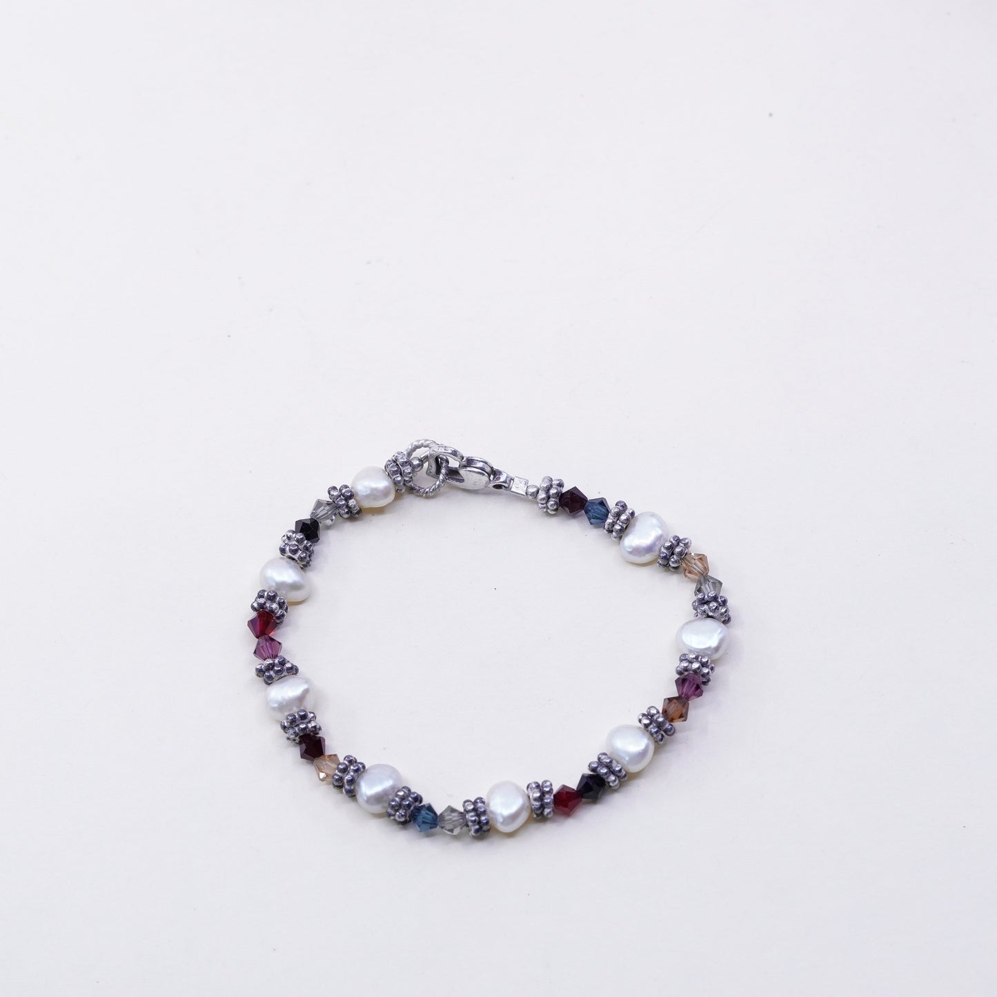 6.5”, sterling silver handmade bracelet, 925 beads white pearl and crystal