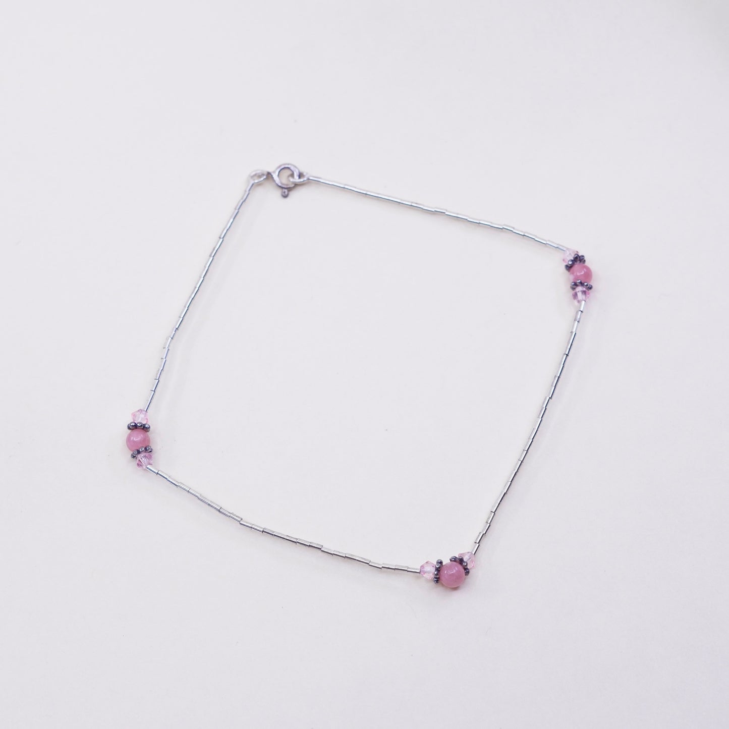 9.75”, sterling silver handmade bracelet anklet, 925 liquid chain crystal beads