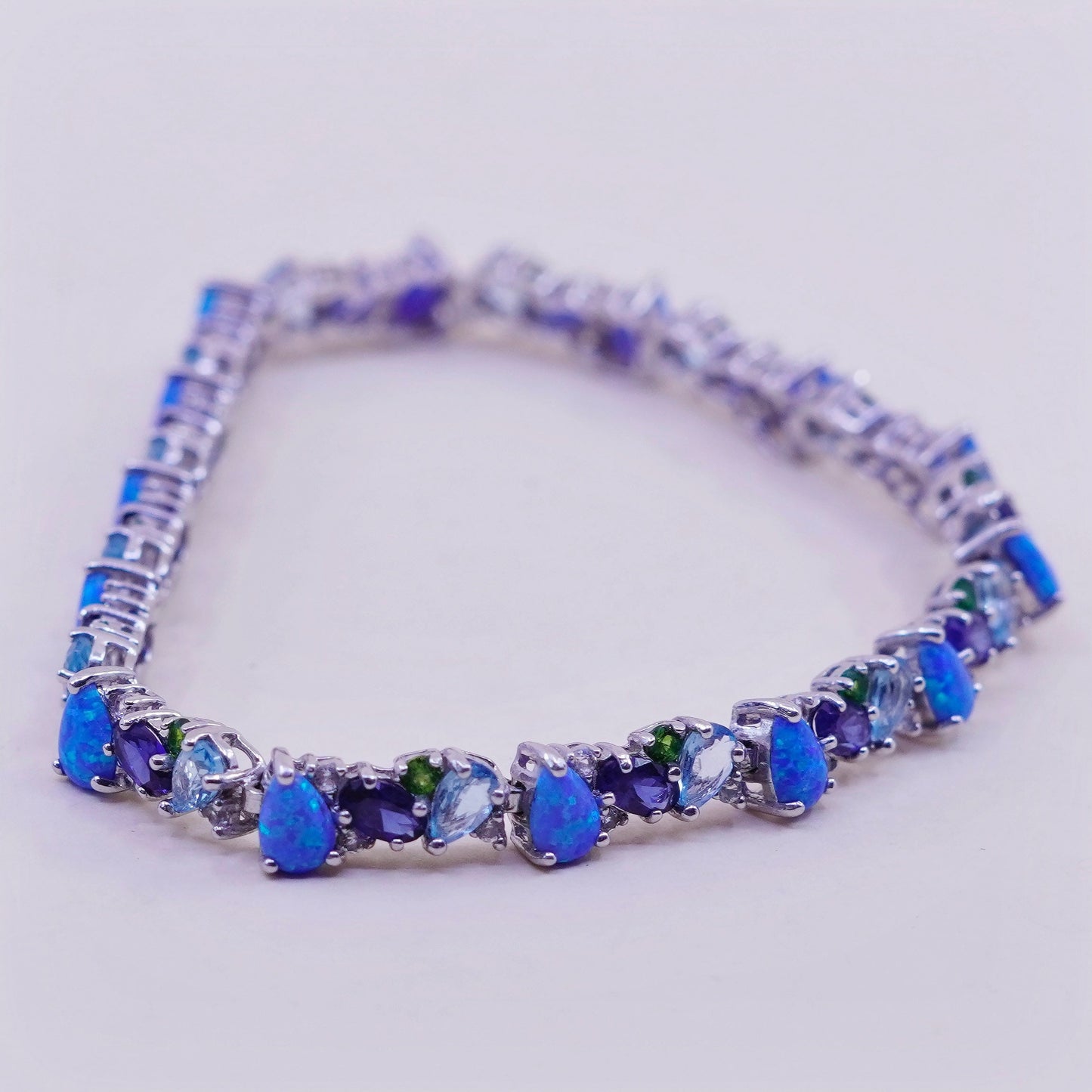 7.25”, vintage Sterling 925 silver tennis bracelet opal topaz amethyst peridot