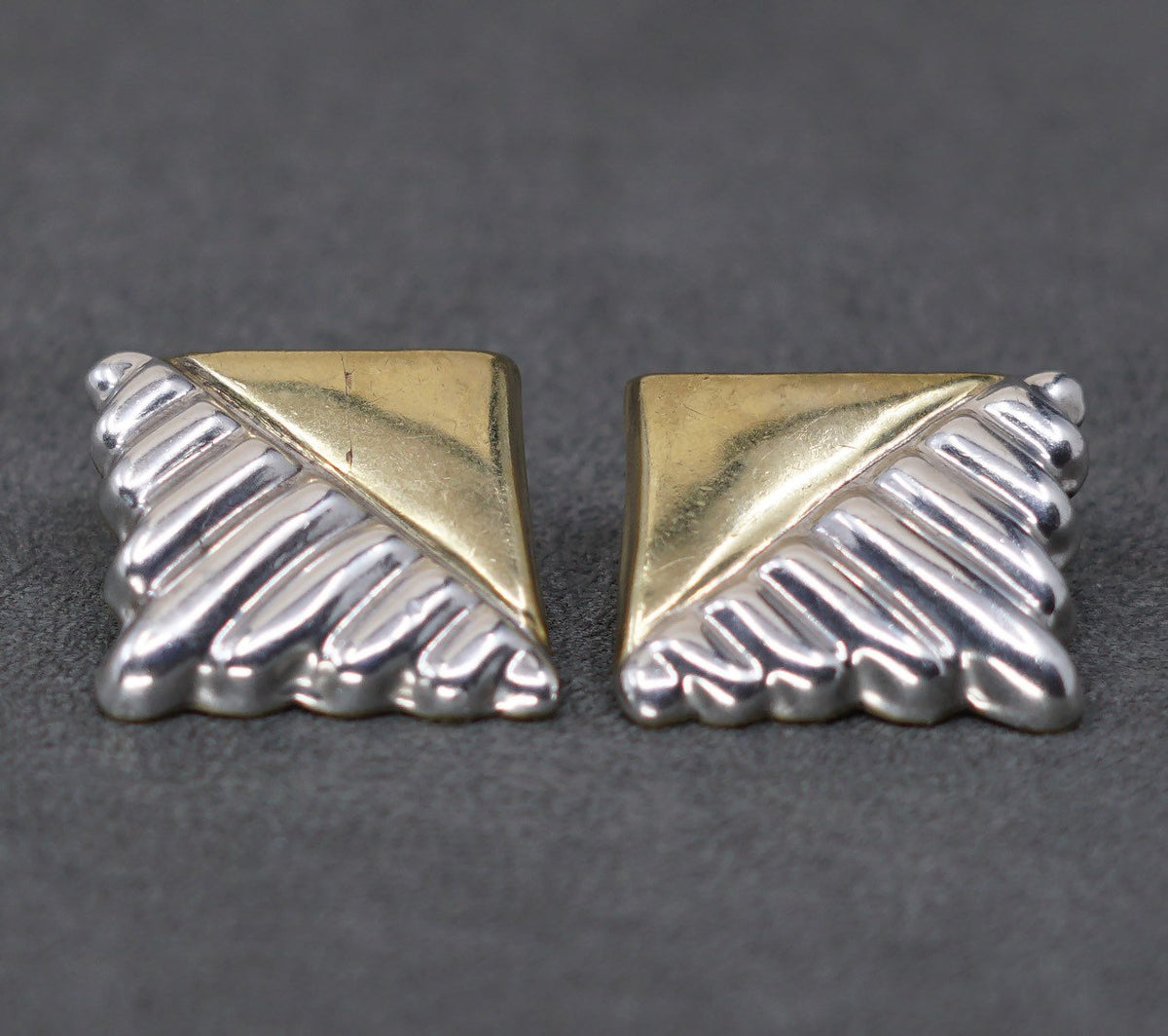 two tone Sterling silver handmade clip on, mexico 925 ribbed earrings w/ brass