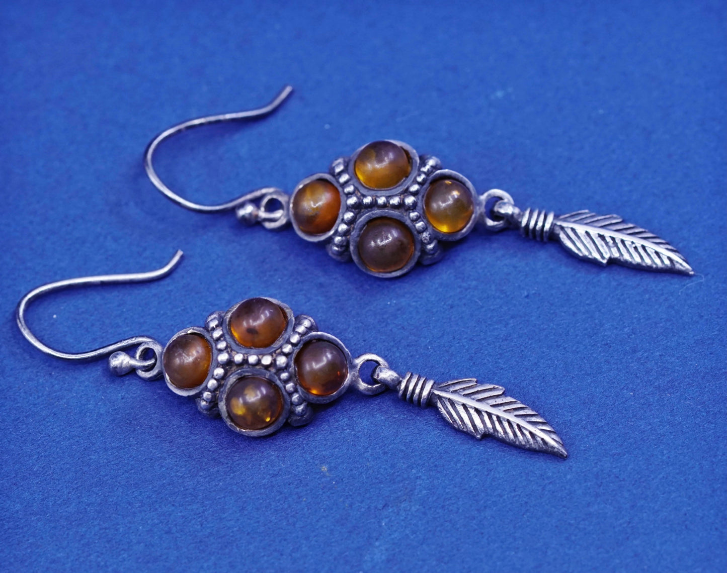 Vintage sterling 925 silver handmade earrings with amber and feather drop