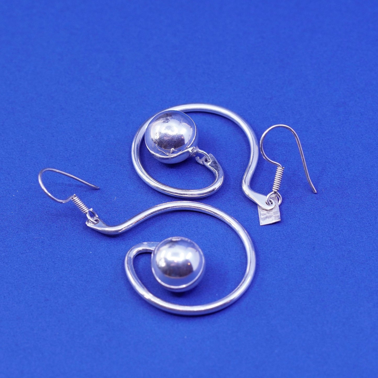 Vintage sterling silver handmade earrings, Mexico 925 swirly circles and beads
