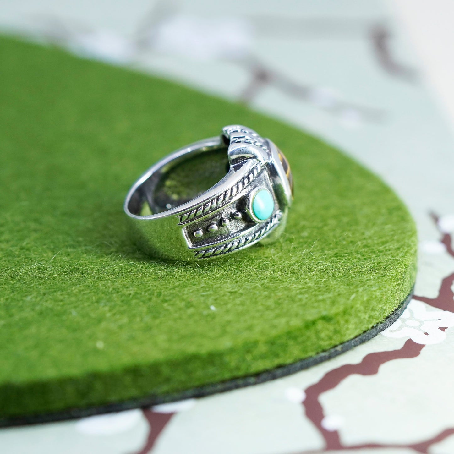 Size 7, sterling silver ring, band with golden tiger eye and turquoise beads