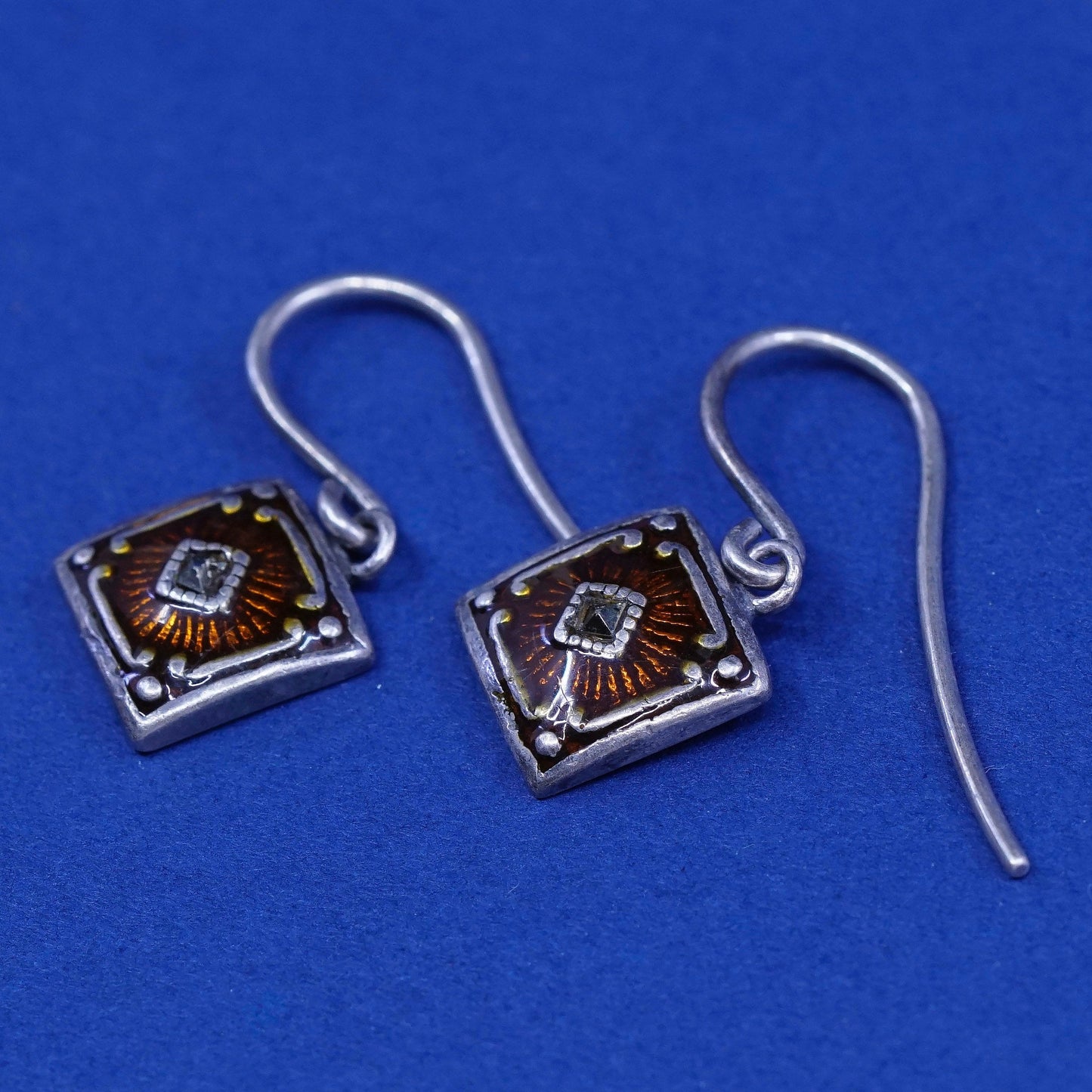 vtg JMA sterling silver handmade earrings, 925 square w/ enamel N marcasite