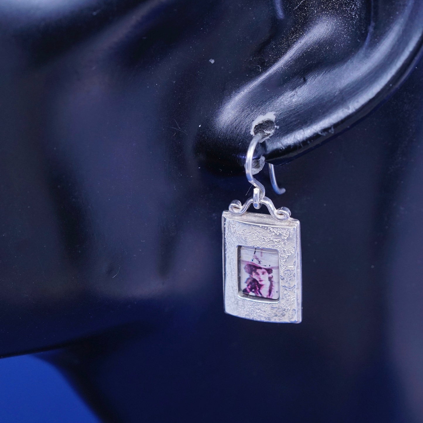 Vintage Sterling Silver handmade Earrings. 925 tag with cowboy girl portrait