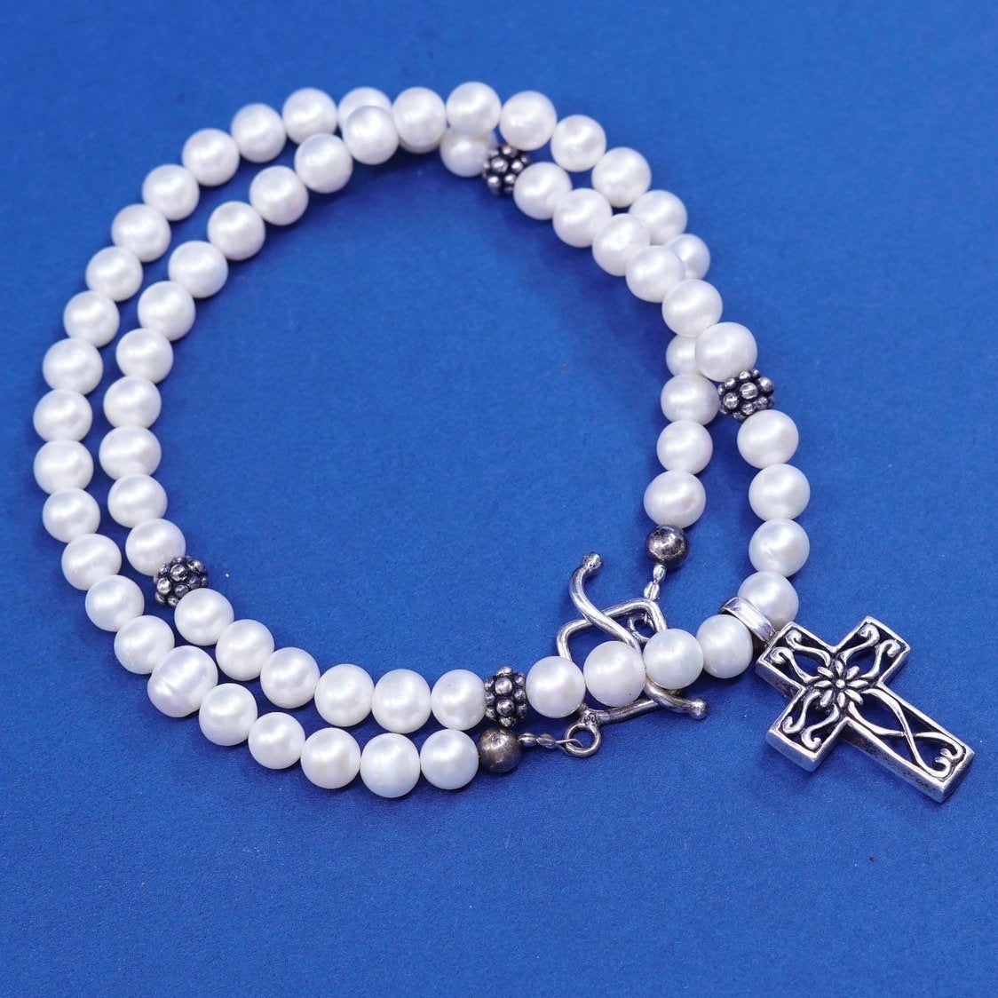 18", vtg Sterling silver handmade necklace, 925 cross pendant and pearl beads