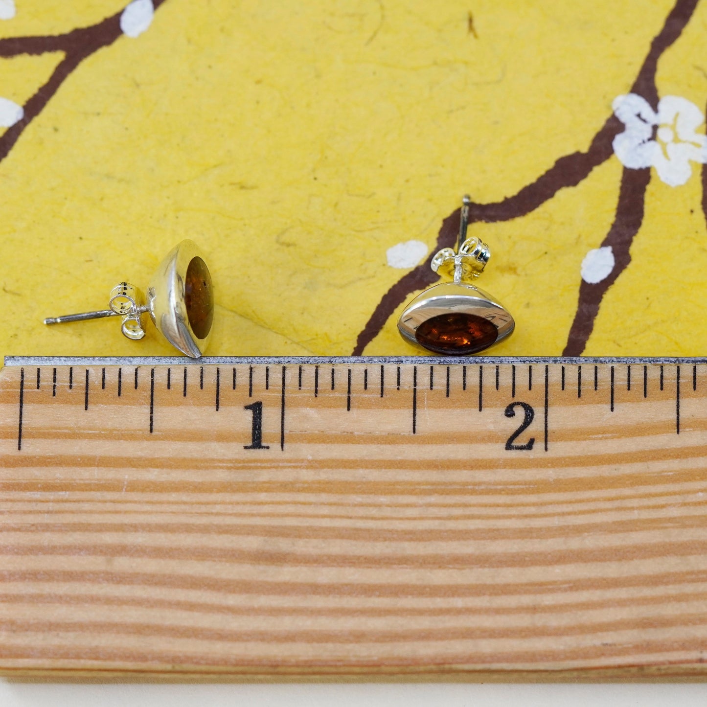 Vintage Sterling Silver Handmade earrings, round 925 studs with amber