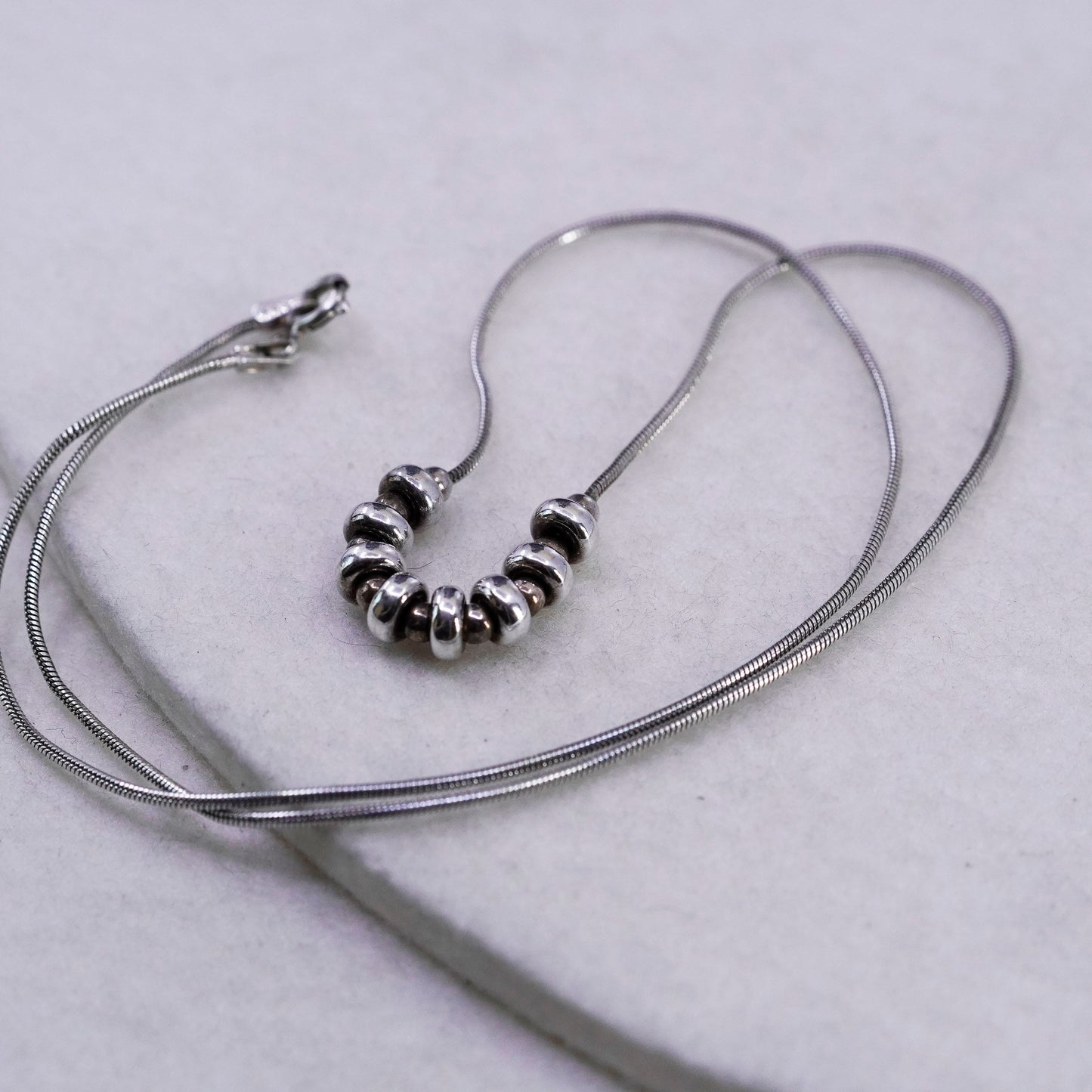 18”, vintage Sterling 925 silver handmade snake necklace with beads pendant