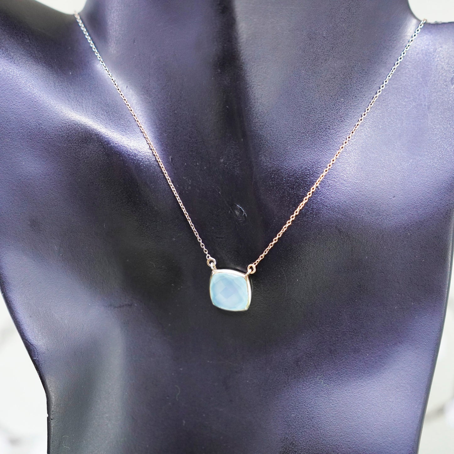 16+2”, vintage vermeil gold over 925 Sterling Silver necklace square Chalcedony