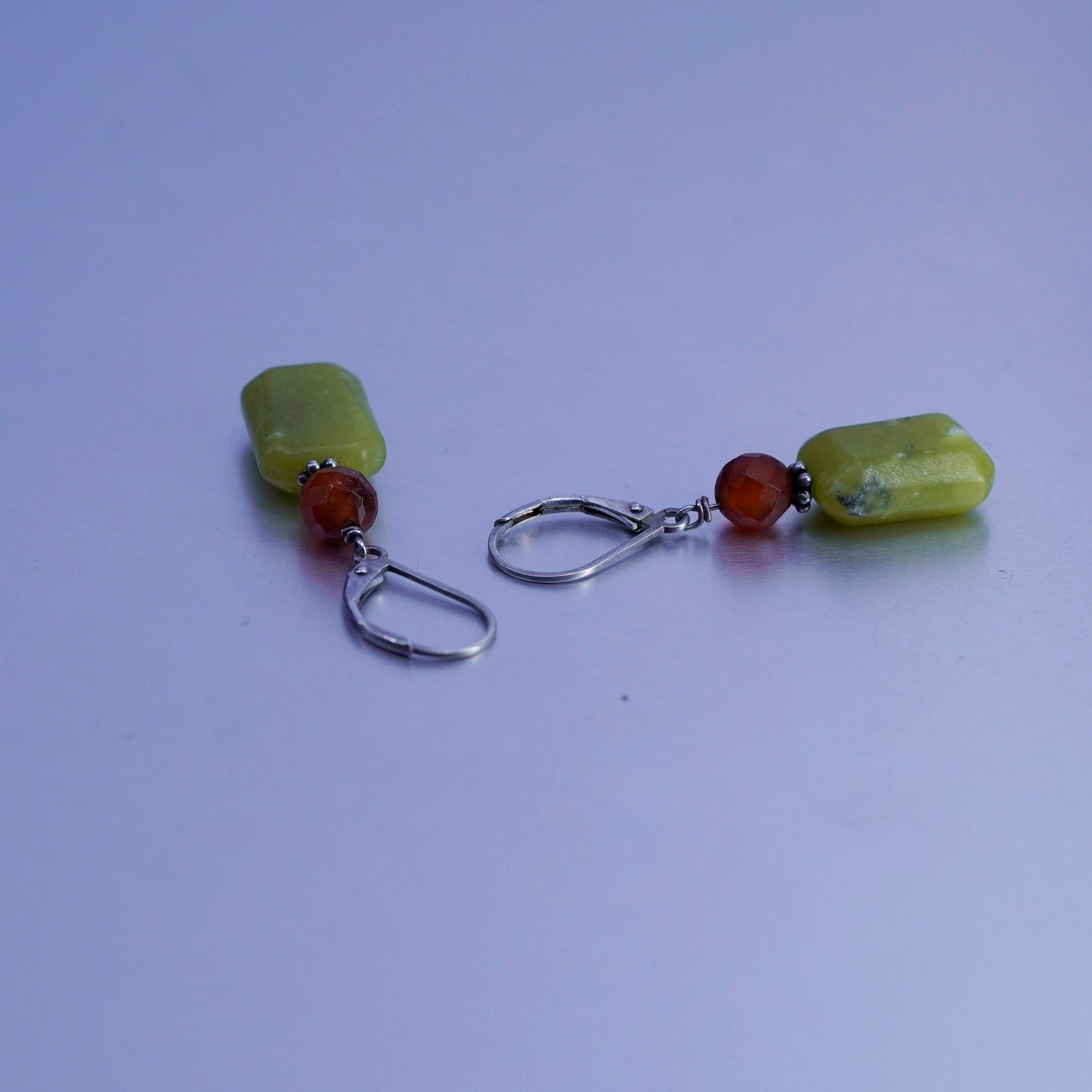 Vintage Sterling 925 silver handmade earrings with jade and carnelian beads