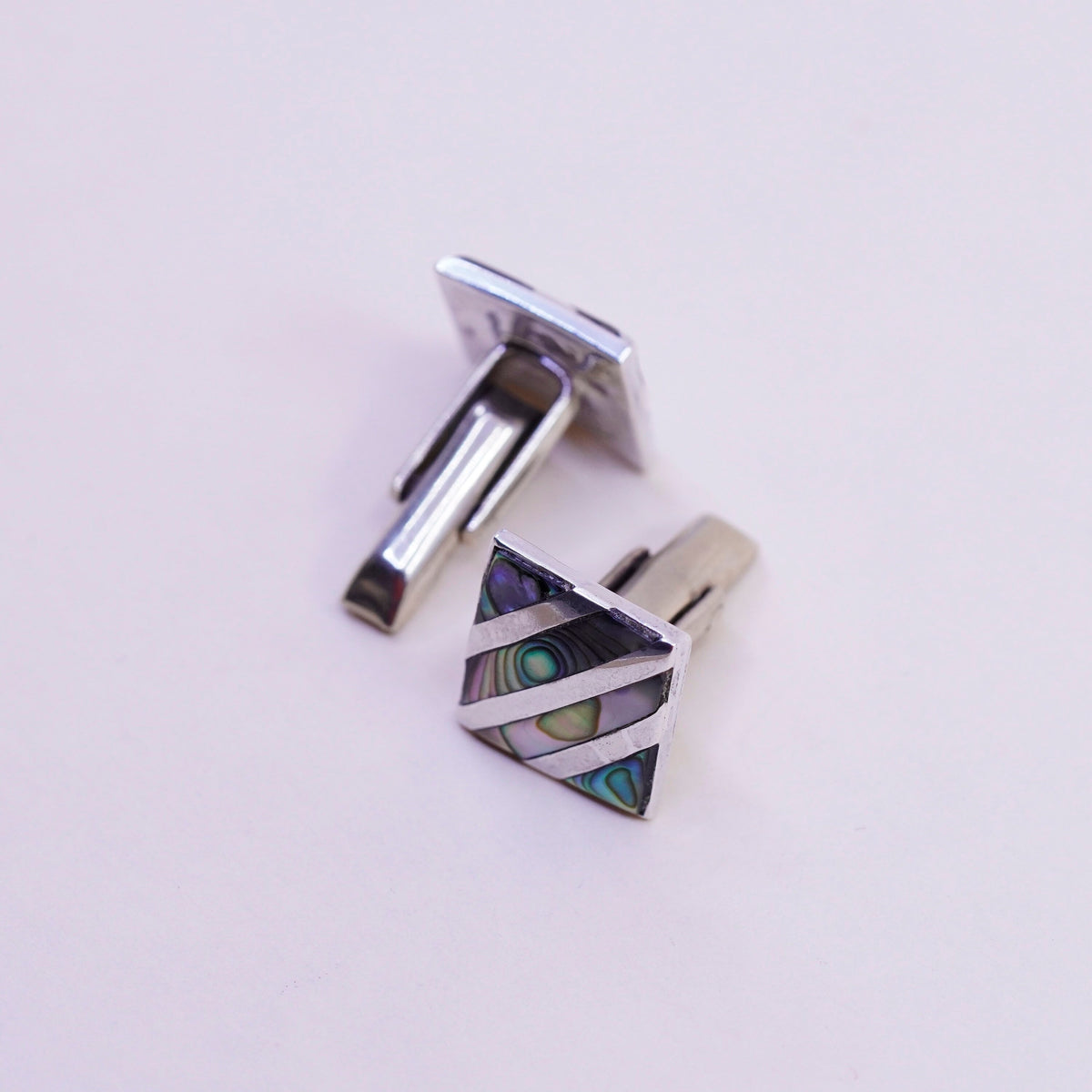 Vintage sterling silver handmade cuff link, 925 square cufflink with abalone