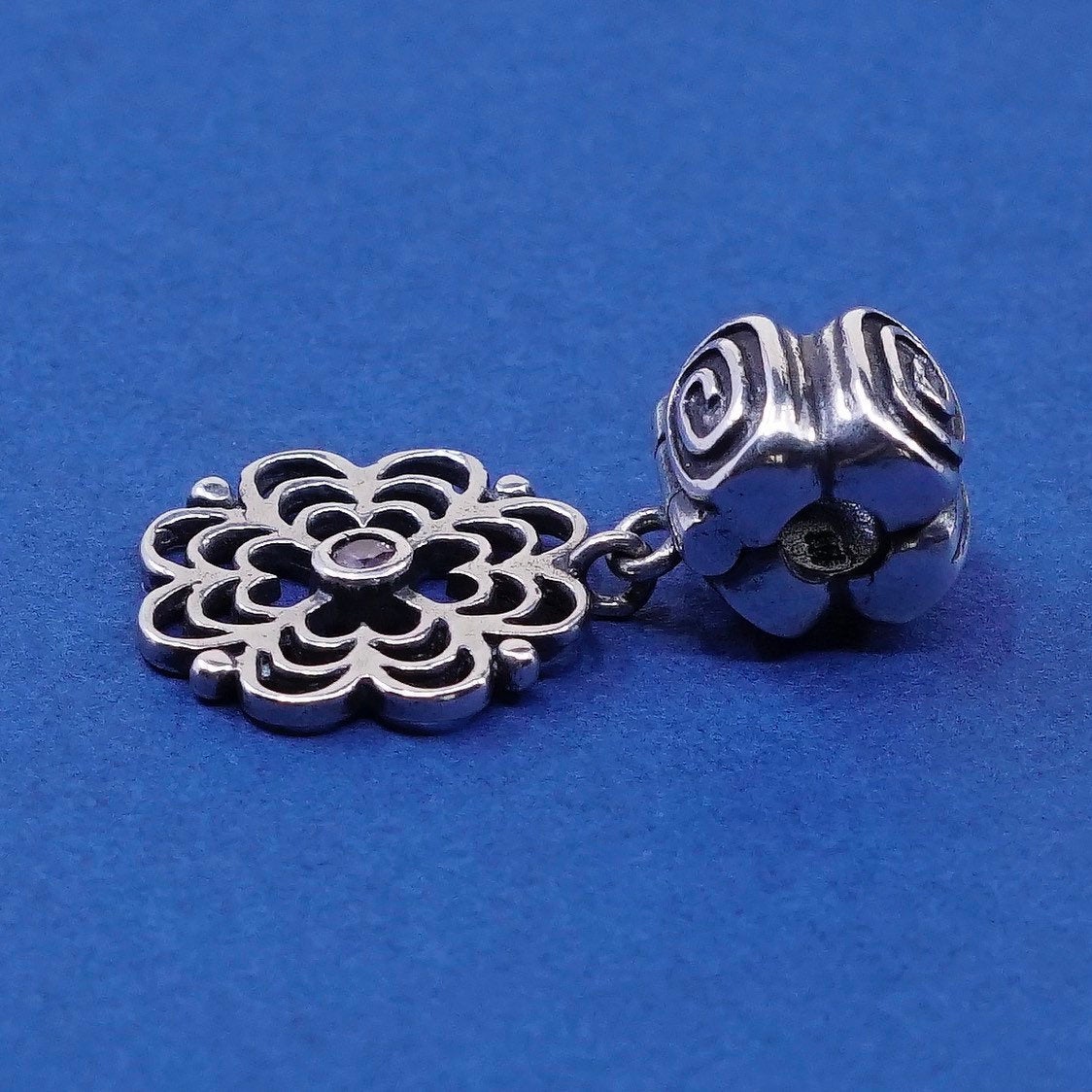 vtg sterling silver handmade pendant, 925 bead charm w/ Flower dangle