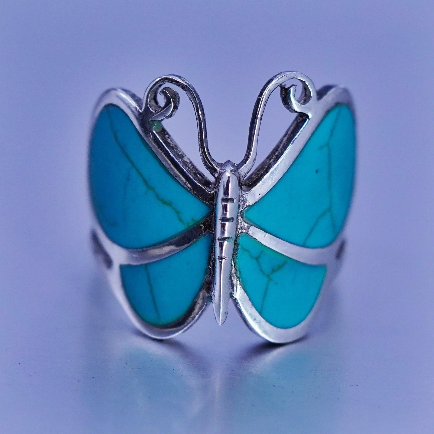 Size 7, vintage Sterling 925 silver handmade ring, butterfly band w/ turquoise