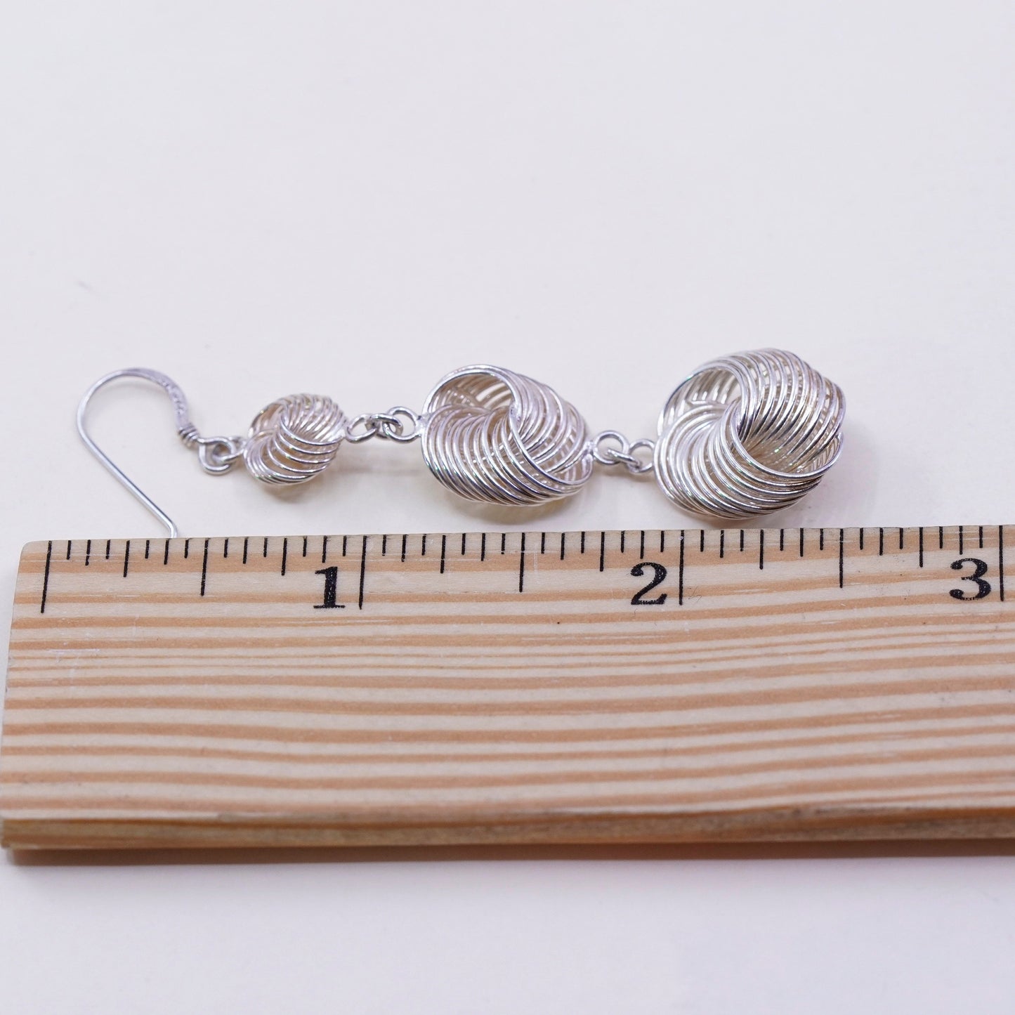 Vintage sterling silver handmade earrings, 925 twisted entwined circle dangles