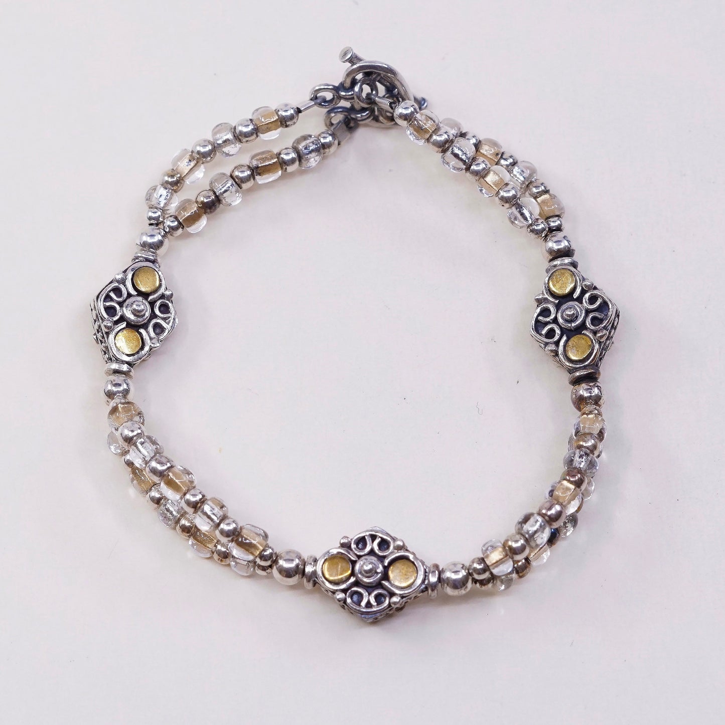 5.75”, VTG sterling silver handmade bracelet, 925 beads N toggle