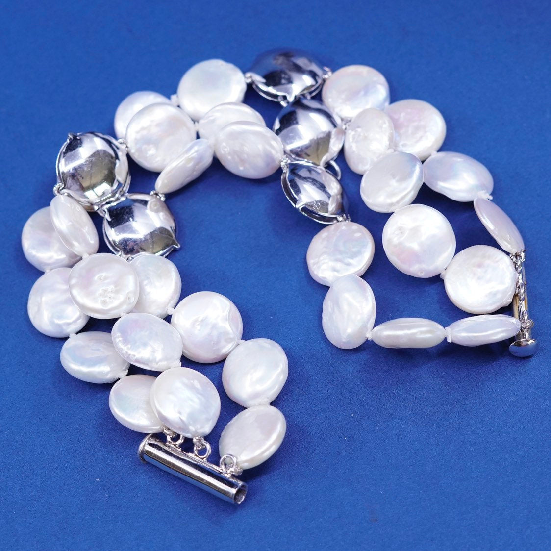 6.25" sterling silver handmade bracelet, flatten circle pearl beads N 925 discs