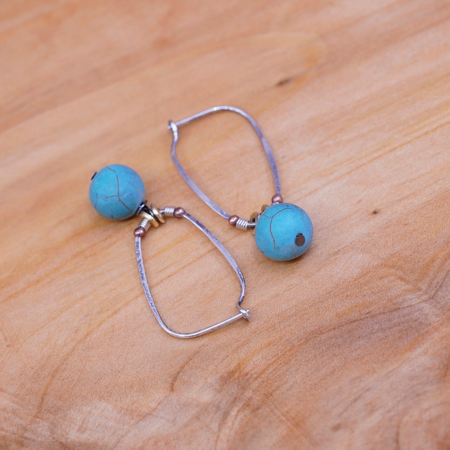 Vintage Sterling silver handmade earrings, 925 hoops with turquoise beads