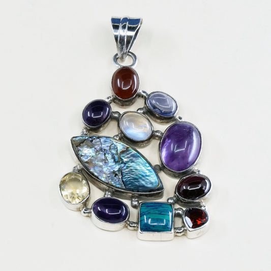 vtg Sterling 925 silver handmade pendant w/ moonstone amethyst garnet abalone
