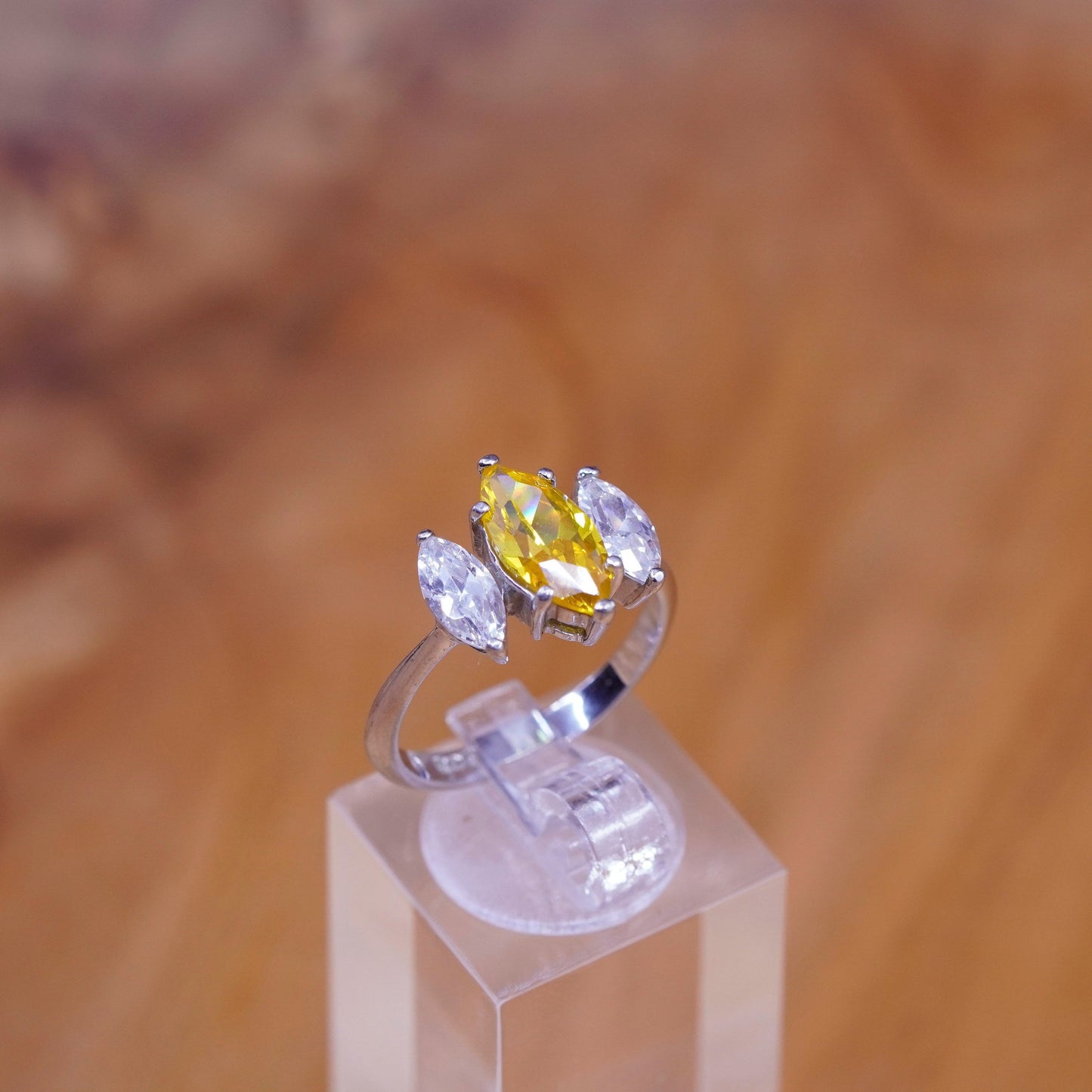 Size 7.5, vintage Sterling 925 silver handmade ring marquise shaped citrine cz